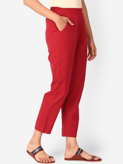

Fabindia Women Maroon Solid Tapered Fit Mid Rise Parallel Trousers