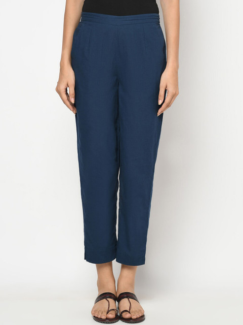 

Fabindia Women Blue Pleated Cotton Cropped Trousers