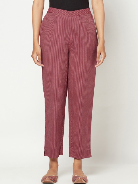 

Fabindia Women Maroon Striped Tapered Fit Cotton Parallel Trousers