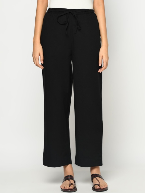 

Fabindia Women Black Tapered Fit Cotton Parallel Trousers