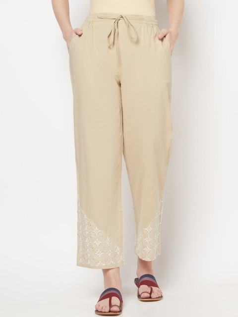 

Fabindia Women Beige Hem Design Cotton Parallel Trousers