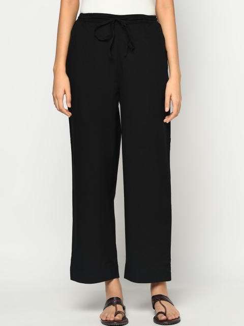 

Fabindia Women Black Cambric Cotton Parallel Trousers