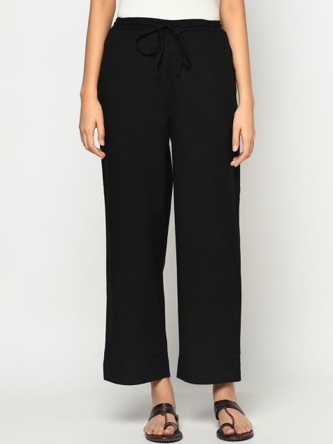 

Fabindia Women Black Tapered Fit Cotton Parallel Trousers