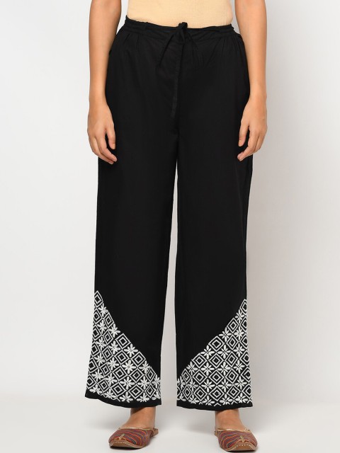 

Fabindia Women Black Embroidered Cambric Cotton Trousers