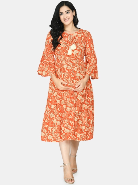 

Aaruvi Ruchi Verma Orange Floral Maternity Midi Dress