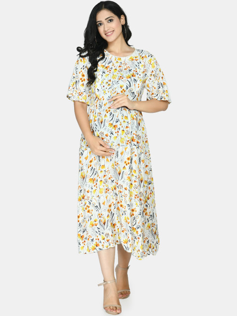 

Aaruvi Ruchi Verma Off White & Yellow Floral Maternity A-Line Midi Maternity Dress