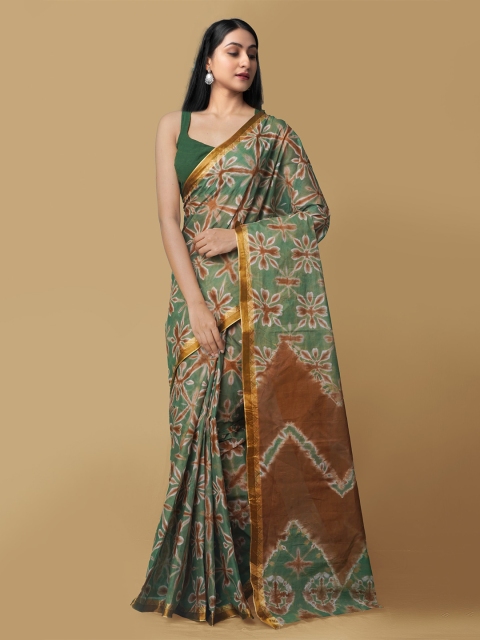 

Unnati Silks Green & Gold-Coloured Pure Cotton Shibori Saree