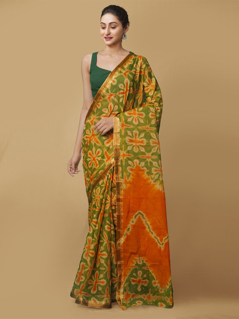 

Unnati Silks Green & Orange Printed Shibori Pure Cotton Leheriya Saree