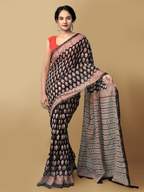 

Unnati Silks Women Black & Orange Pure Preet Bagru Mulmul Cotton Sustainable Saree