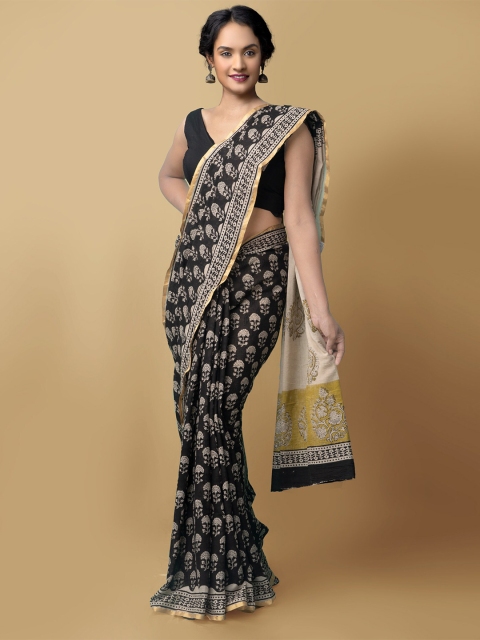 

Unnati Silks Women Black & White Pure Preet Bagru Mulmul Cotton Sustainable Saree
