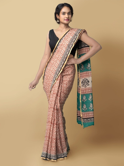 

Unnati Silks Women Beige & Green Pure Preet Bagru Mulmul Cotton Sustainable Saree