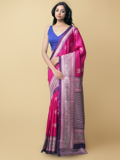 

Unnati Silks Pink & Silver-Toned Woven Design Art Silk Patola Saree