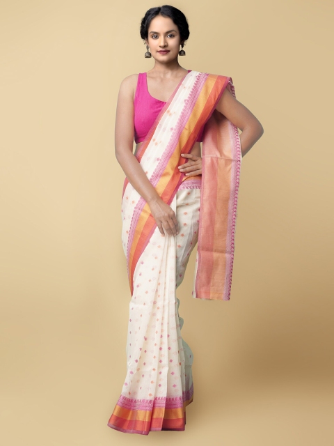 

Unnati Silks Women Cream-Coloured & Pink Banarasi Sico Saree