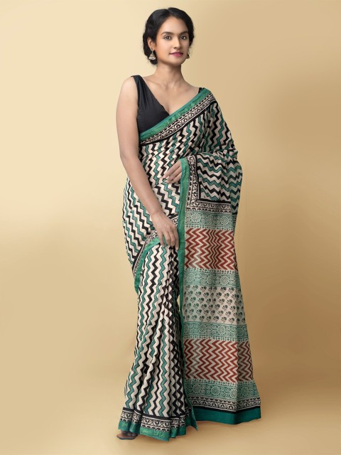 

Unnati Silks Women Beige & Black Pure Preet Bagru Mulmul Cotton Saree