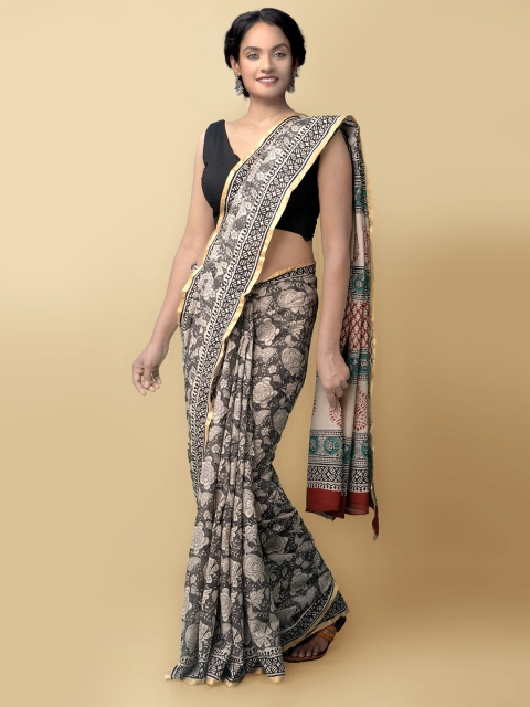 

Unnati Silks Women Grey & Beige Pure Preet Bagru Mulmul Cotton Saree