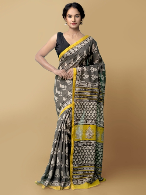 

Unnati Silks Women Grey & Off White Pure Preet Bagru Mulmul Cotton Saree