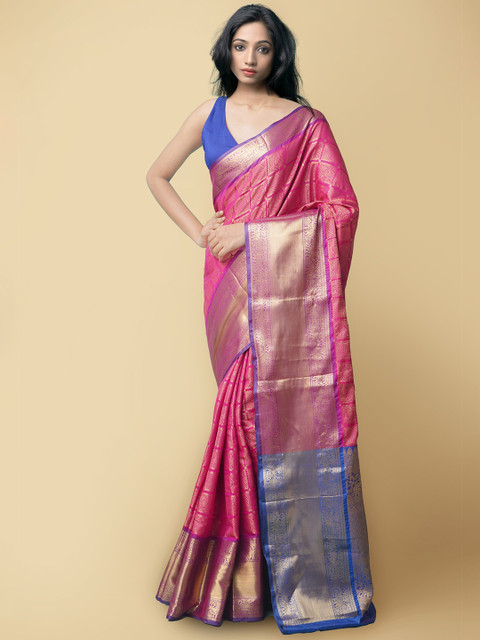 

Unnati Silks Pink & Blue Woven Design Zari Silk Cotton Banarasi Saree