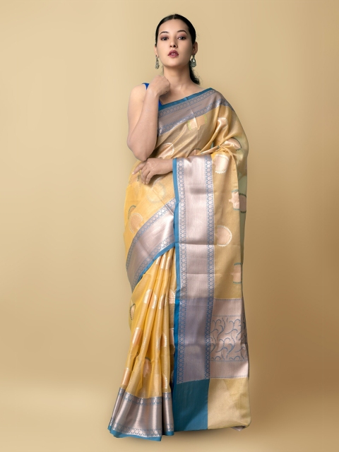 

Unnati Silks Yellow & Blue Woven Design Zari Silk Cotton Banarasi Saree