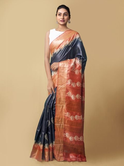 

Unnati Silks Black & Maroon Floral Zari Pure Silk Muga Saree