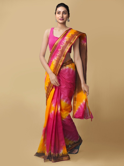 

Unnati Silks Pink & Yellow Tie and Dye Pure Cotton Shibori Saree