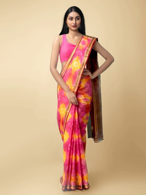 

Unnati Silks Women Brown & Pink Pure Shibori Cotton Sustainable Saree