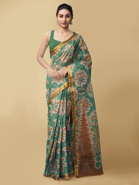

Unnati Silks Green & Brown Floral Pure Cotton Leheriya Saree