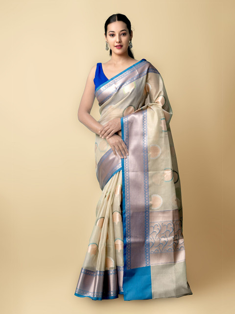 

Unnati Silks Cream-Coloured & Blue Woven Design Zari Silk Cotton Banarasi Saree