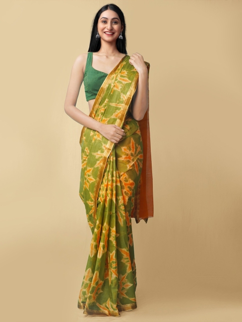 

Unnati Silks Green & Yellow Leheriya Pure Shibori Cotton Leheriya Saree