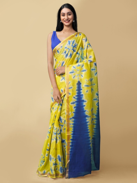 

Unnati Silks Women Yellow & Navy Pure Shibori Cotton Sustainable Saree