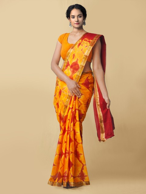 

Unnati Silks Women Orange & Red Pure Shibori Cotton Saree