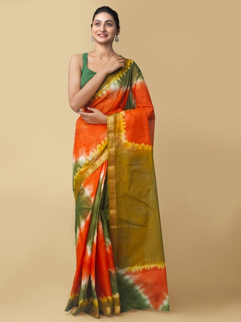 

Unnati Silks Green & Orange Tie and Dye Shibori Pure Cotton Saree
