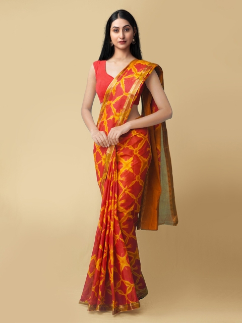 

Unnati Silks Red & Yellow Tie and Dye Pure Cotton Shibori Saree