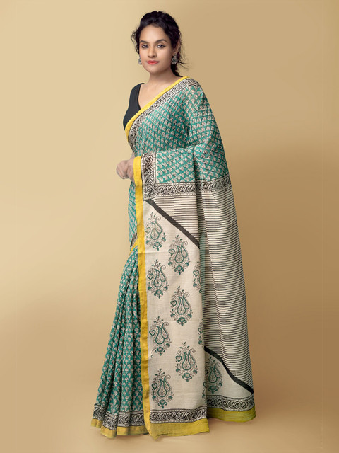 

Unnati Silks Women Green & Grey Pure Preet Bagru Mulmul Cotton Saree