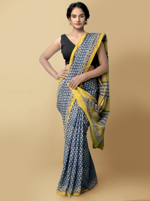 

Unnati Silks Women Blue & Yellow Pure Preet Bagru Mulmul Cotton Saree