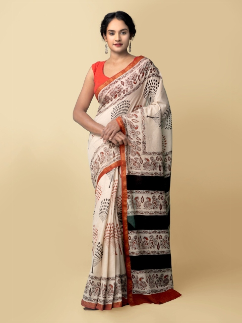 

Unnati Silks Beige & Black Ethnic Motifs Printed Zari Pure Mulmul Cotton Bagru Saree
