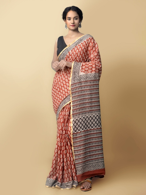 

Unnati Silks Women Rust & Black Pure Preet Bagru Mulmul Cotton Saree