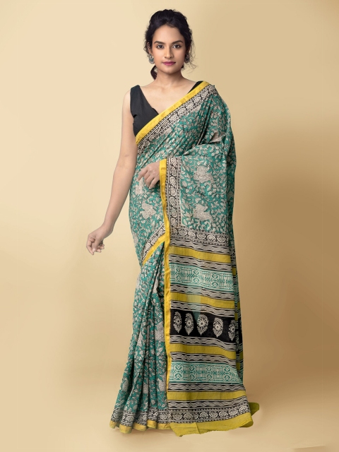 

Unnati Silks Women Blue & Yellow Pure Preet Bagru Mulmul Cotton Saree