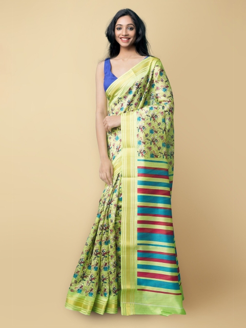 

Unnati Silks Green & Blue Floral Printed Art Silk Patola Saree