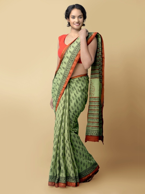 

Unnati Silks Women Green & Black Pure Preet Bagru Mulmul Cotton Saree