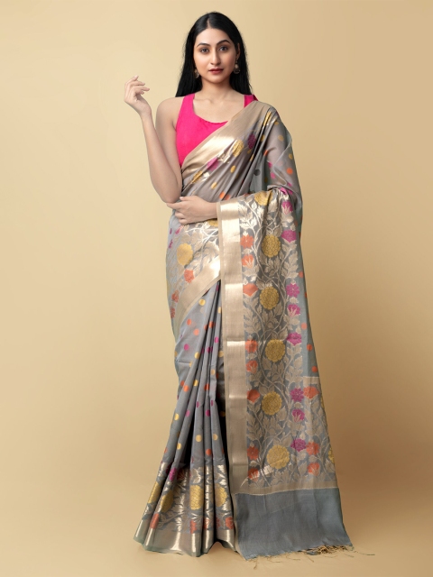 

Unnati Silks Grey & Pink Woven Design Zari Silk Cotton Banarasi Sico Saree