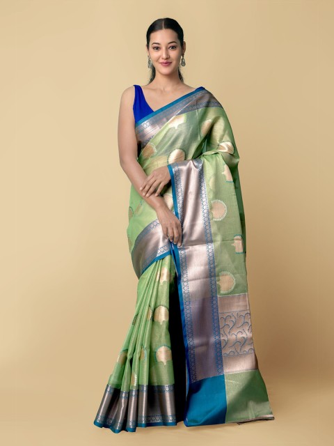 

Unnati Silks Green & Blue Ethnic Motifs Zari Silk Cotton Brocade Banarasi Saree