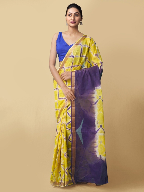 

Unnati Silks Women Yellow & Purple Pure Shibori Cotton Sustainable Saree