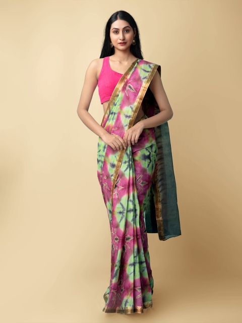 

Unnati Silks Women Pink & Green Pure Shibori Cotton Sustainable Saree