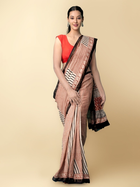 

Unnati Silks Women Beige & Black Pure Preet Bagru Mulmul Cotton Saree