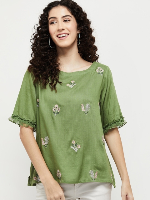 

max Green & White Women Floral Embroidered Ruffles Georgette A-Line Top