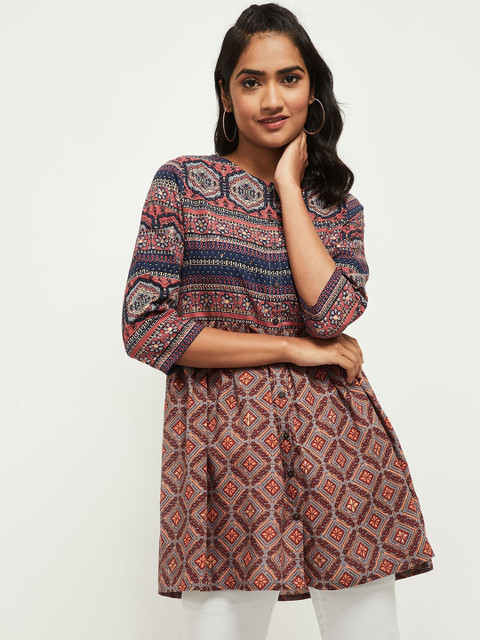 

max Navy Blue & Brown Printed Georgette A-Line Top