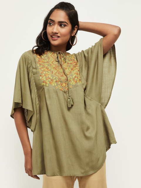 

max Green Floral Embroidered Tie-Up Neck Georgette Oversized A-Line Top