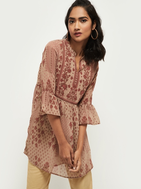 max Beige & Maroon Floral Mandarin Collar Georgette Peplum Longline Top