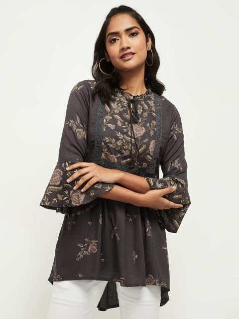 

max Charcoal Floral Tie-Up Neck Georgette Regular Longline Top