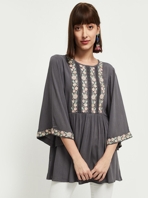 

max Grey Floral Embroidered Georgette A-Line Top